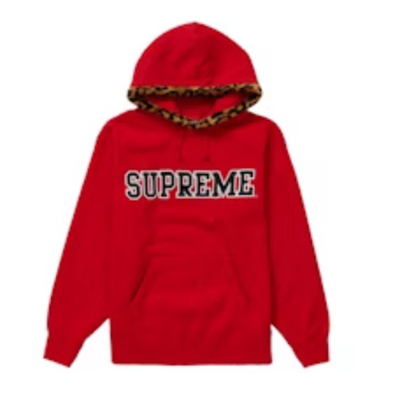 Supreme Leopard Print Trim Red Hooded Sweatshirt Hoodie size large
